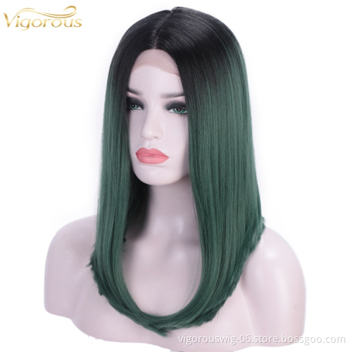 Vigorous synthetic hair full wig lace cheap good quality ombre green color long straight hair heat resistant women cosplay use